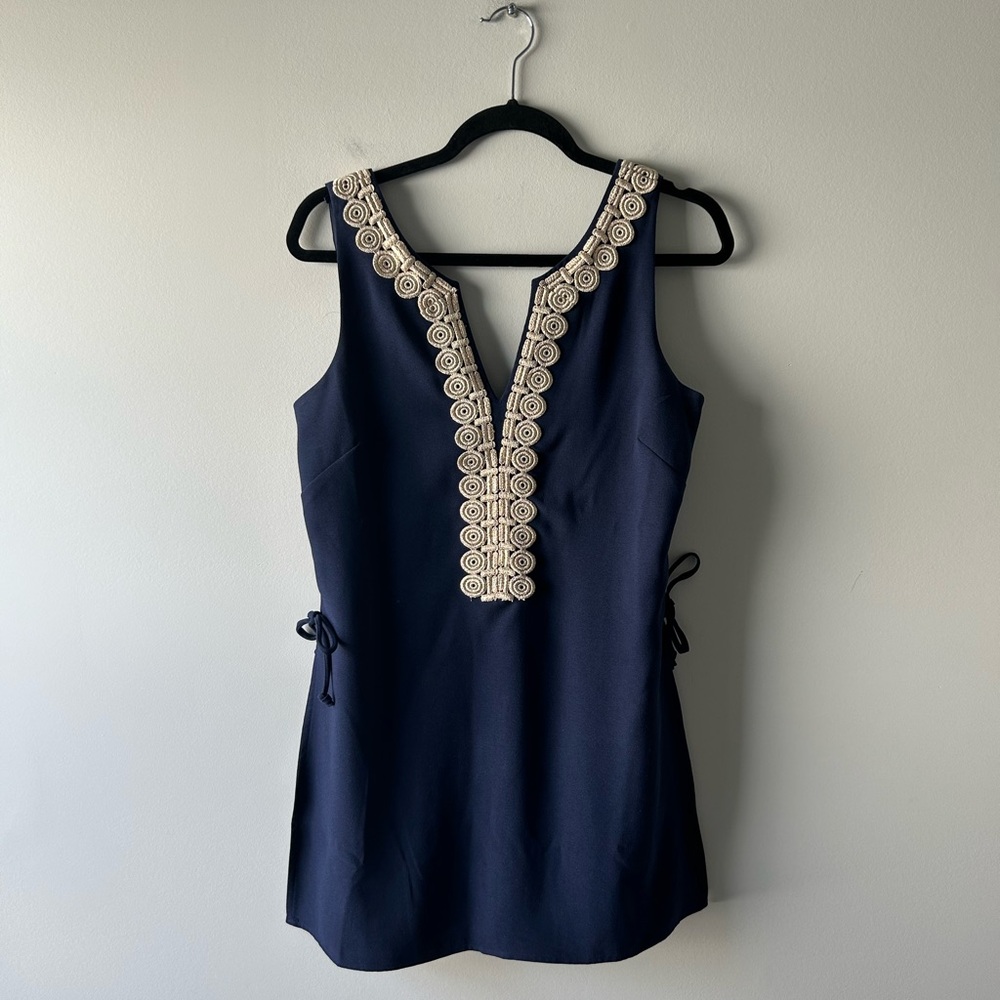 Lilly Pulitzer navy blue and gold sleeveless romper dress
